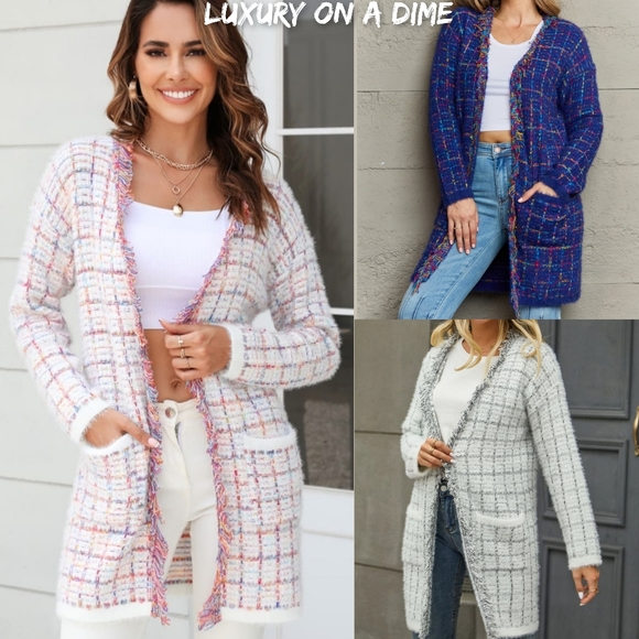 Plaid Retro Knit Colorful Fringe Faux Fur Hem Longline Sweater Cardigan Pink - Picture 7 of 7